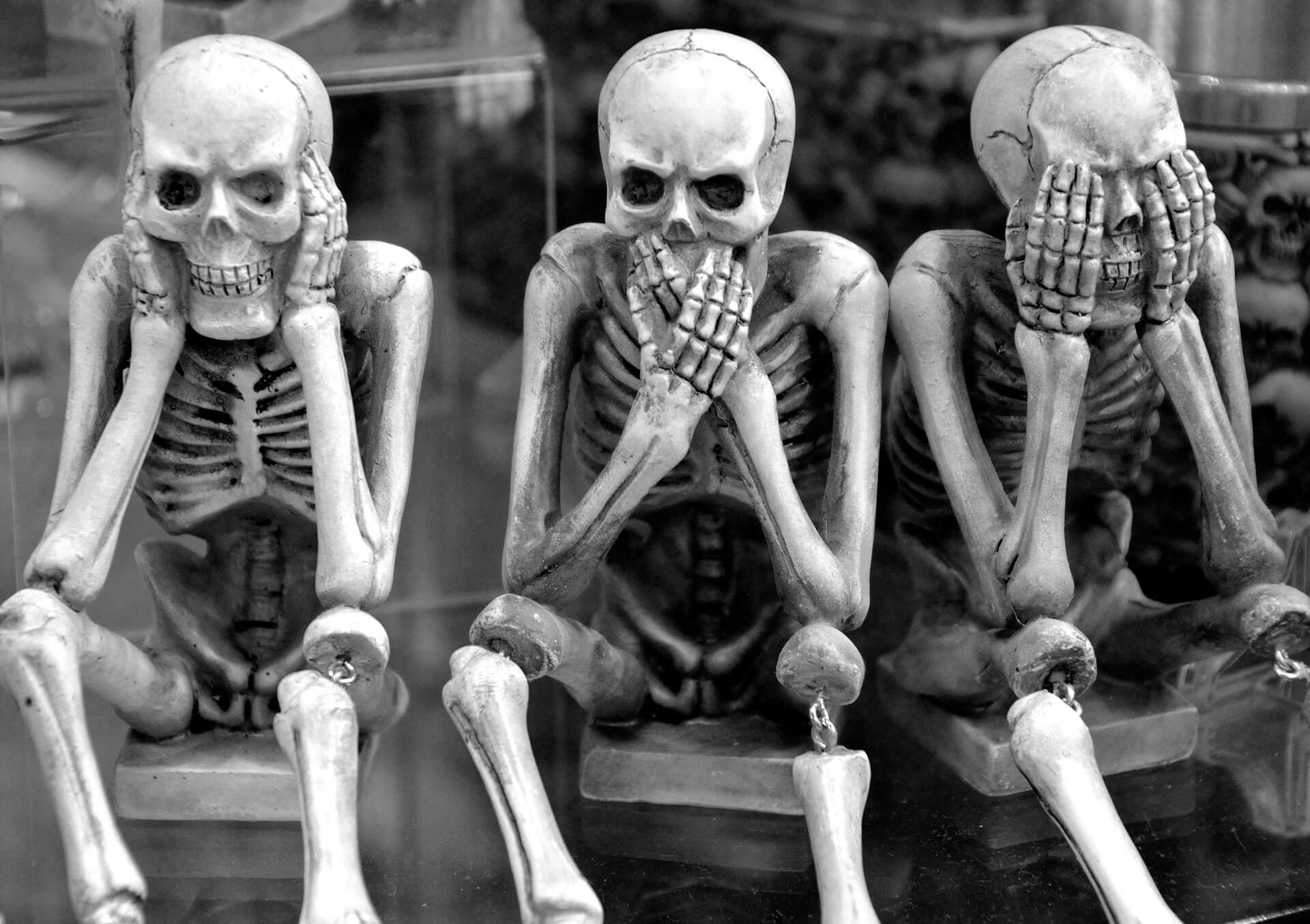 3 squelettes en noir et blanc, l'un se bouche les oreilles, l'autre se masque la bouche et le dernier se cache les yeux